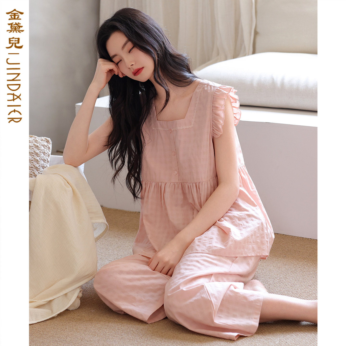 睡衣女士夏季棉绸泡芙棉无袖长裤薄款带胸垫夏天可外穿家居服套装