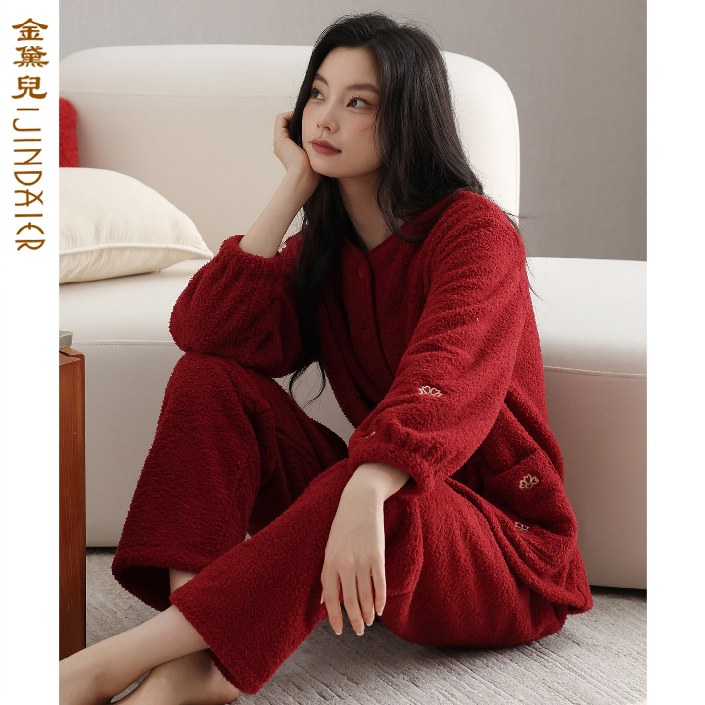 睡衣女款秋冬珊瑚绒加厚加绒半边绒红色本命年新婚结婚保暖家居服