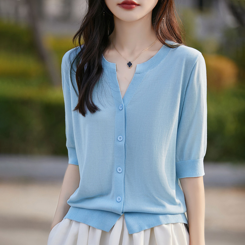 冰丝针织短袖开衫女夏季薄款防晒图片