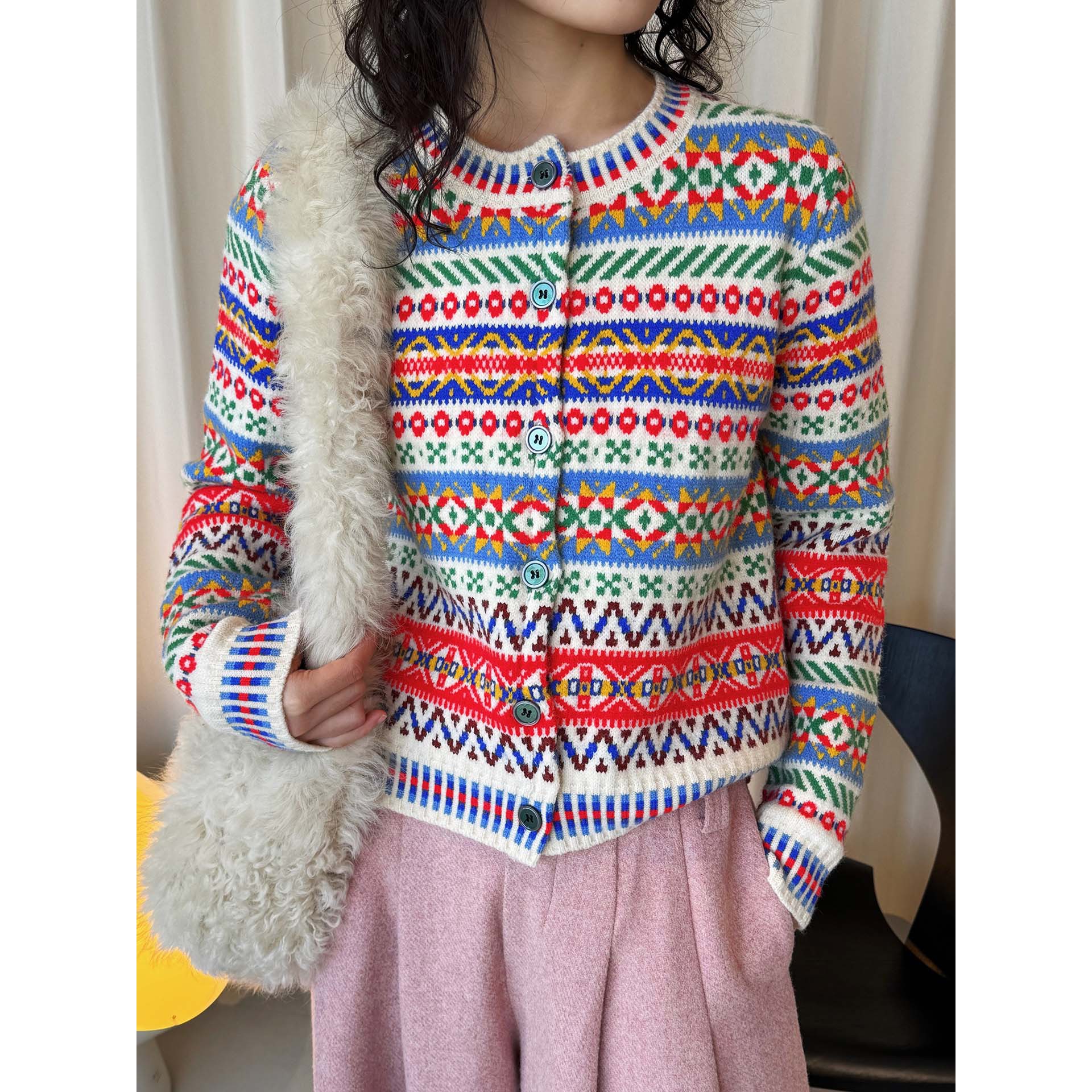 Xu集合 早春新款韩系复古名族风撞色提花针织羊毛开衫舒适保暖女