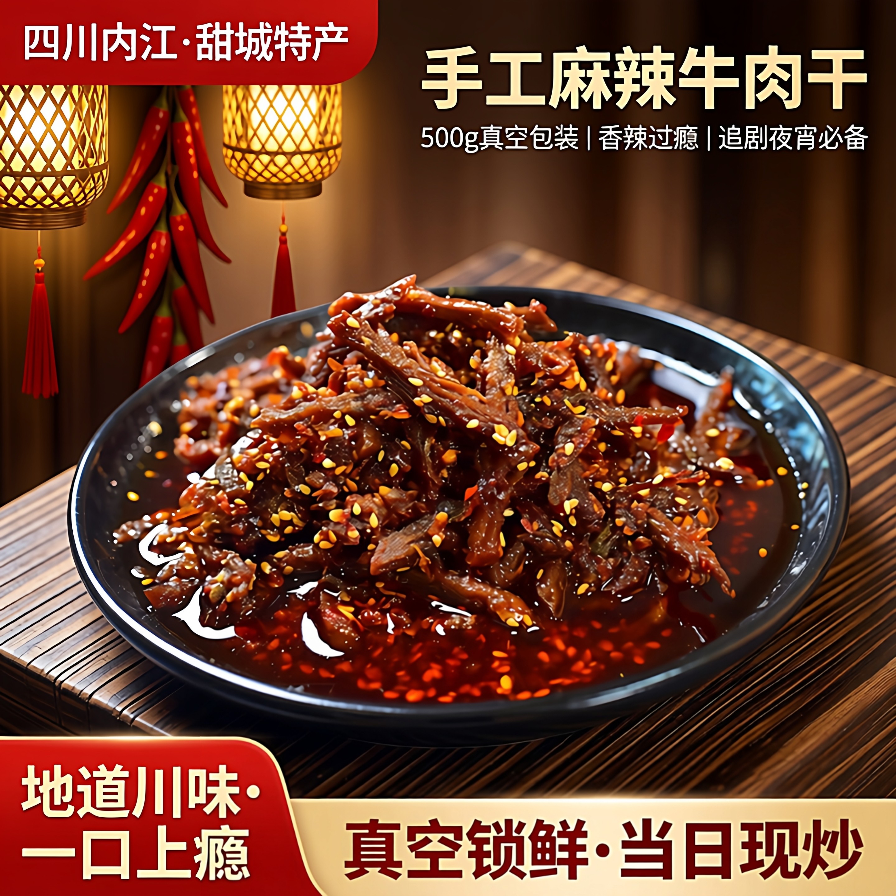 四川内江甜城特产手工麻辣牛肉干500g真空追剧夜宵小吃麻辣零食