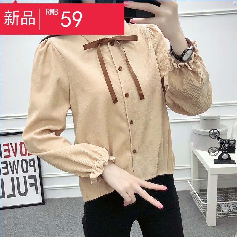 学生打底衫女2018爆新款小清新灯芯绒蝴蝶结系带长袖衬衫上衣WY24
