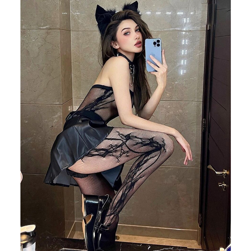 辣妹性感镂空网袜吊袜连裤袜黑丝女袜透视侧边印花连裤袜百搭时尚