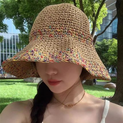 新款编织草帽女镂空彩虹夏季帽子透气度假风宽檐防晒遮阳帽防晒