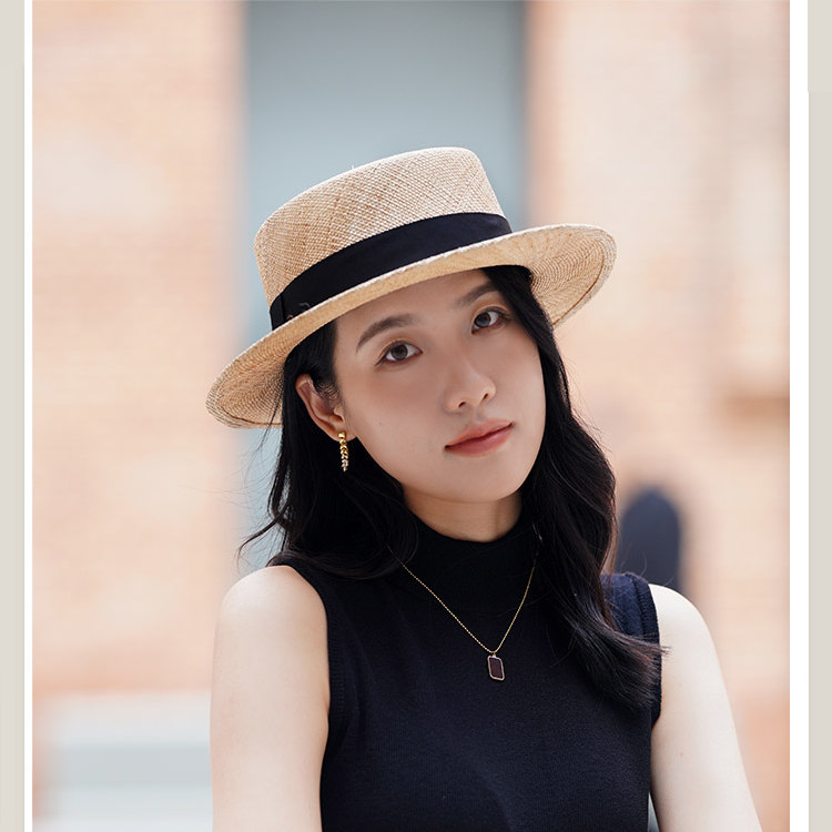 草帽法式天然草平顶草帽女轻盈舒适透气宽檐遮阳帽夏季防晒帽