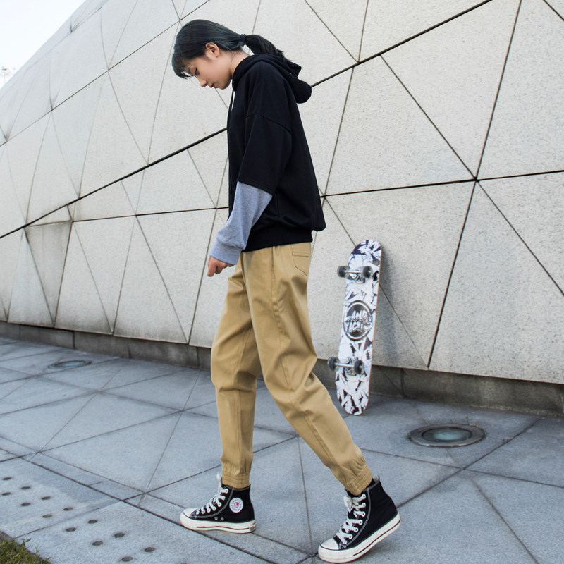 卡其色裤子女春秋工装裤秋冬小个子束脚休闲哈伦萝卜大码2026新款