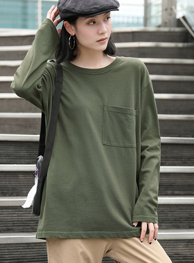 军绿色t恤女春秋宽松纯棉长袖2025新款大码打底衫小个子上衣女夏