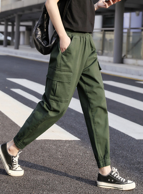 军绿色裤子女春秋工装裤秋冬小个子束脚休闲哈伦大码女裤2025新款