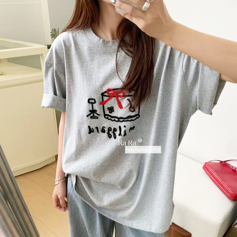 灰色t恤女夏宽松纯棉短袖2025新款大码体恤衫胖mm休闲上衣中半袖