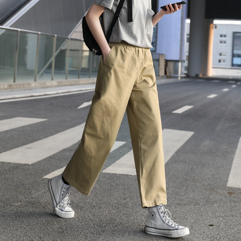 日系松紧腰工装裤裤子直筒九分