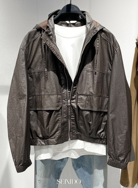 柜799！春季新品男装上蜡饰层亚麻棉混纺连帽夹克外套5854405 724