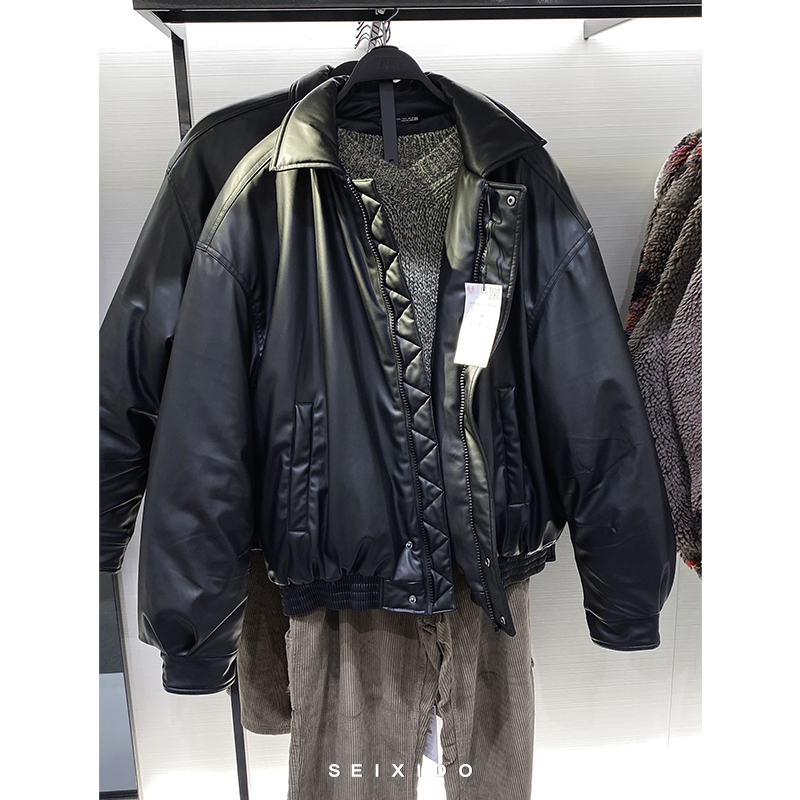 西班牙单！翻领宽松仿皮棉服外套