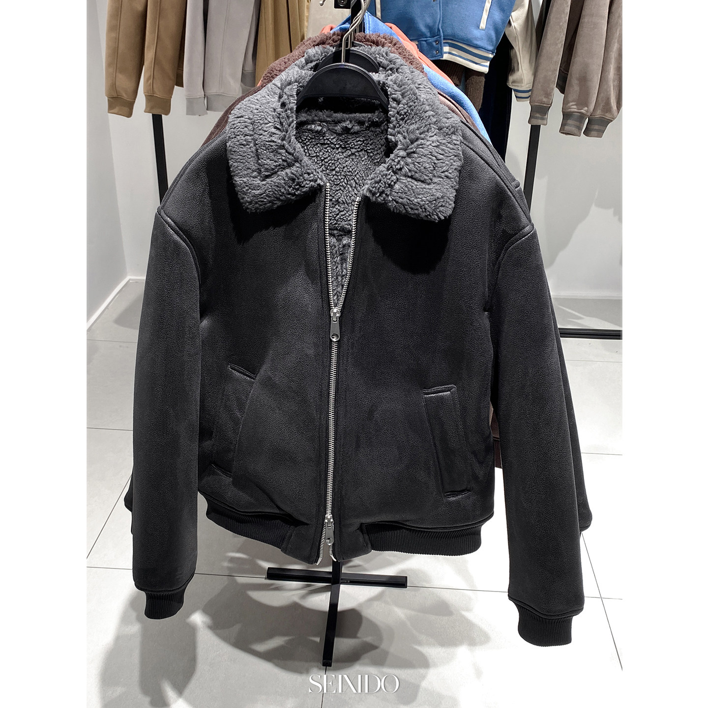 柜859！冬季新款男装仿皮革加绒加厚夹克0155160 801羊羔毛厚外套