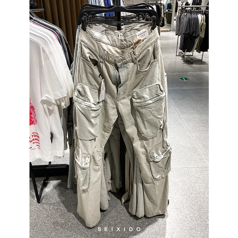 西班牙单！重工水洗牛仔工装长裤