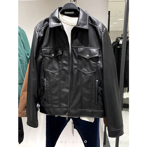 翻领PU仿皮工装夹克外套