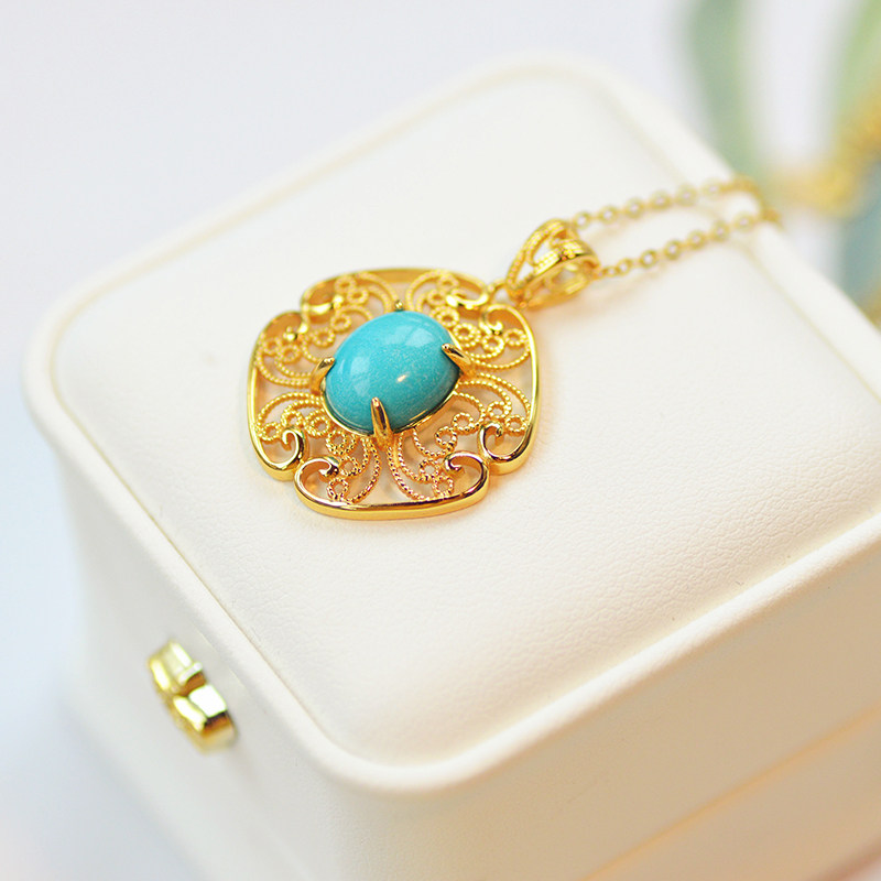 天然绿松石蓝松S925银镀金项链精致蕾丝空掐丝复古大吊坠