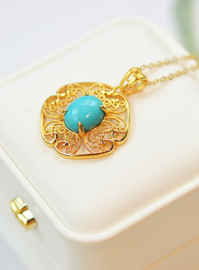 天然绿松石蓝松S925银镀金项链精致蕾丝空掐丝复古大吊坠