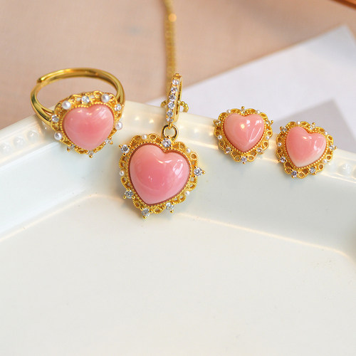 天然女王贝 胭脂螺皇后螺S925银纯银镀18K金花丝爱心珍珠耳钉戒指