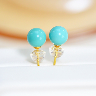 天然原矿绿松石淡雅高瓷925银厚镀18K金耳环简单款圆珠耳钉圆形