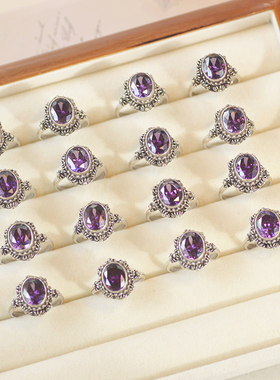 s925纯银指环纯手工钻面紫晶石