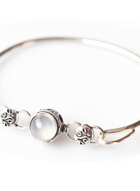 纯银开口浪漫复古天然月光石手镯