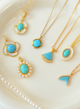 新品  天然绿松石S925银镀18K金精致白贝母珍珠吊坠锁骨项链扇形