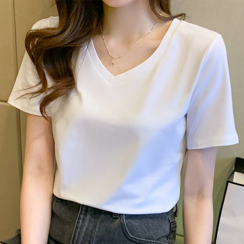 纯棉白色v领宽松短袖t恤女