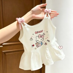 女童夏季卡通洋气可爱蝴蝶结背心儿童亲子家夏装女孩无袖T恤上衣