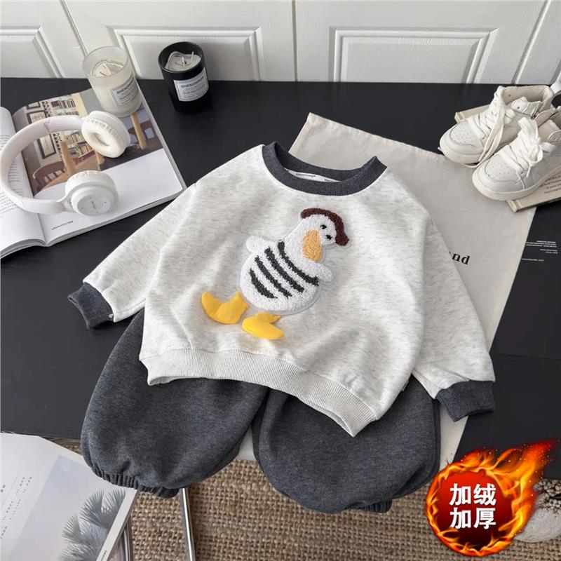 儿童秋冬季新款加绒加厚卫衣套装男女童宝宝宽松卡通上衣两件套