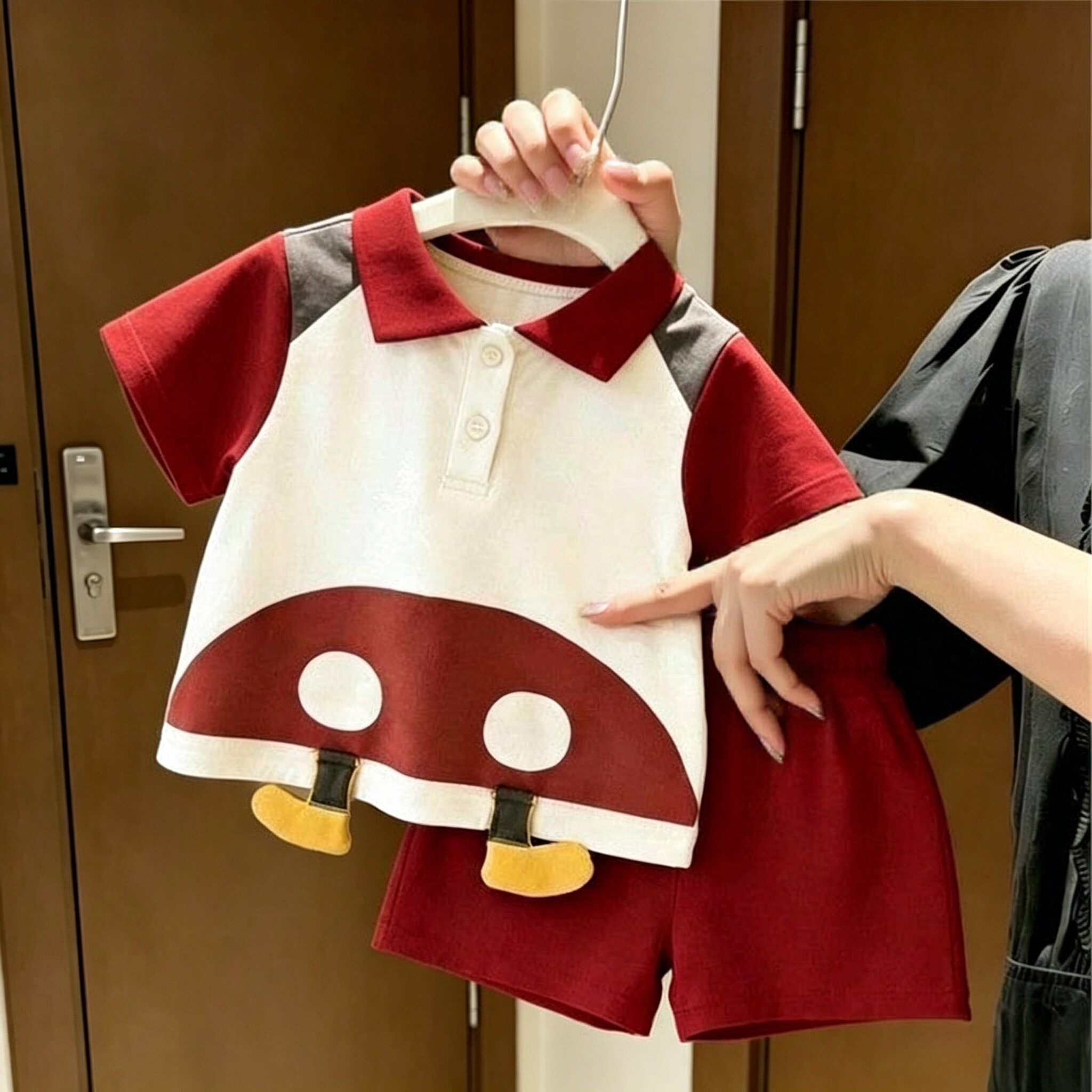 儿童夏季卡通撞色拼接POLO短袖短裤套装男女童装亲子家庭两件套潮