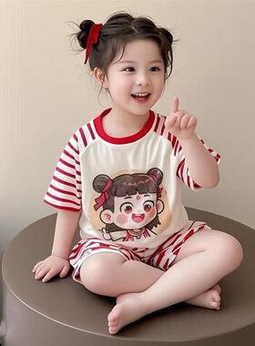 女童夏季条纹套装2025新款女孩子短袖t恤短裤小童哪吒敖丙两件套L