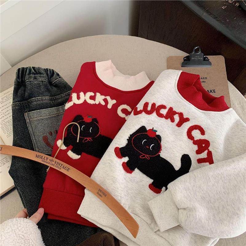 儿童秋冬季绣花幸运猫加绒加厚卫衣男女童套头衫宝宝新年服上衣,运动/瑜伽/健身/球迷用品,拉丁舞练习套装,淘宝优惠券,粉丝福利购,淘宝优惠卷