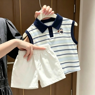 儿童夏季韩版洋气条纹POLO背心短裤套装男女童夏装亲子家庭两件套