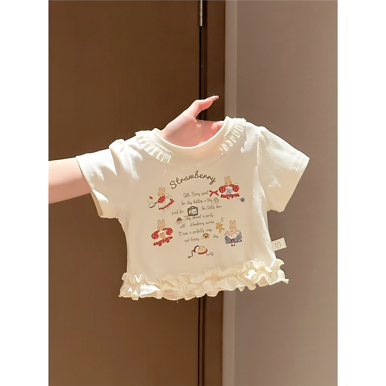 女童夏季洋气甜美可爱风卡通白色短袖儿童T恤亲子家庭夏装上衣