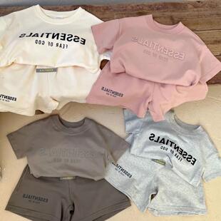 儿童夏季纯棉短袖套装2025新款男女童字母印花T恤+短裤宝宝两件套