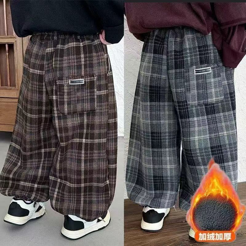 儿童2026冬季新款加绒加厚裤子男女童一体绒格子束脚1裤长1裤冬装