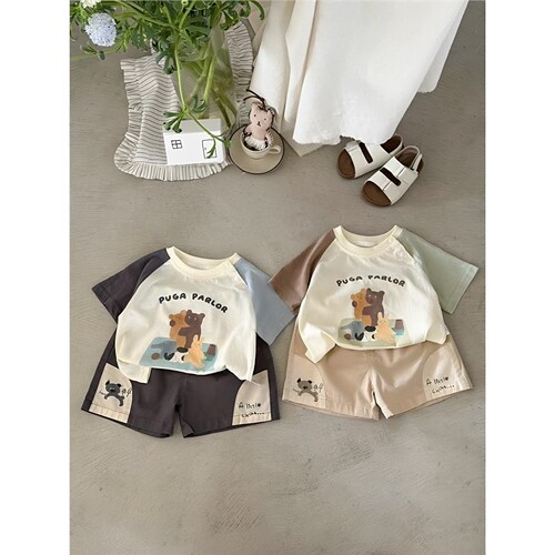 男女童夏季卡通小熊短袖短裤套装