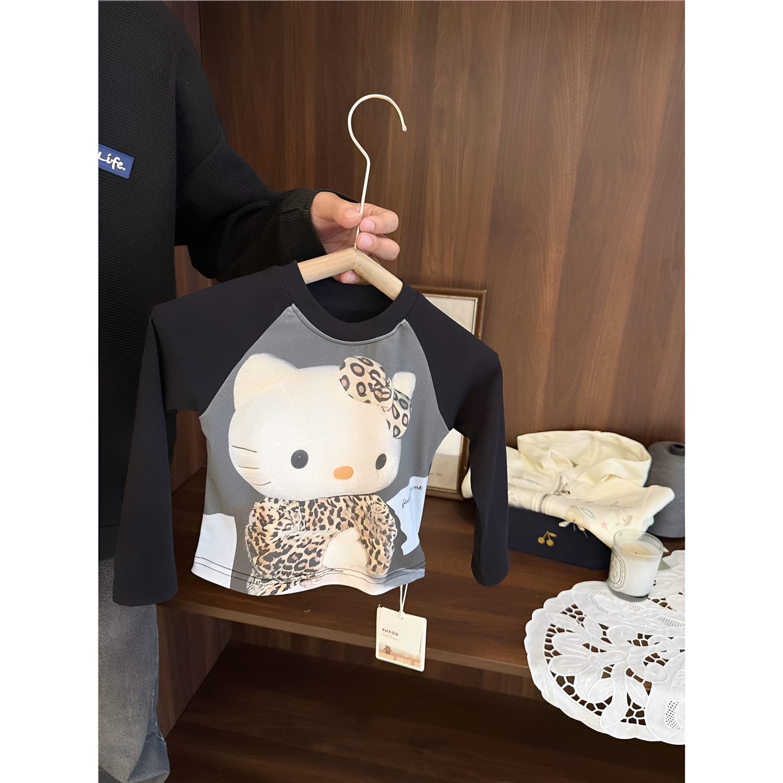 女童宝宝春秋季韩版豹纹猫咪长袖打底衫女孩秋装亲子家庭拼色上衣