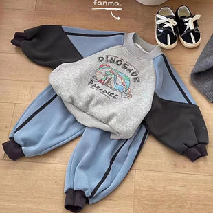 男女童加.绒秋冬装韩系套装中小童卡通恐龙拼色卫1衣保暖两件套