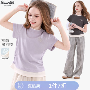 玉桂狗女童短袖t恤夏季2026新款儿童薄款a类假两件上衣大童打底衫