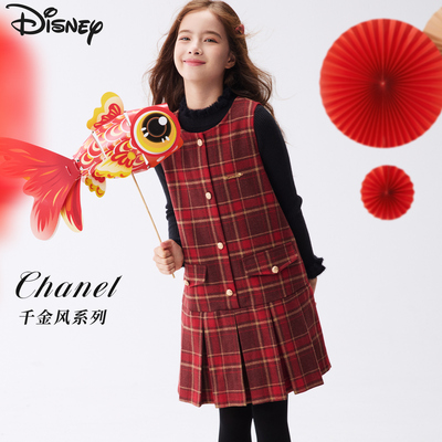 迪士尼女童红色连衣裙冬装新款儿童背心裙中大童新年装亲子拜年服