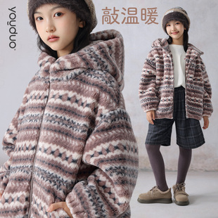 女童外套25新款冬装儿童加厚羊羔绒连帽毛毛外衣大童保暖冬装棉衣