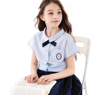 迪士尼女童套装夏季薄款短袖短裙2件套24新衬衫百褶裙校服JK童装