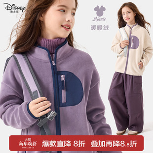 迪士尼女童外套秋冬季新款儿童棒球服中大童加绒加厚保暖上衣童装