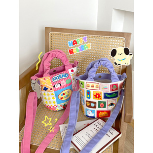 可爱拼图水桶包通勤上班便当包可调节斜挎手拎包逛街妈咪包饭盒袋