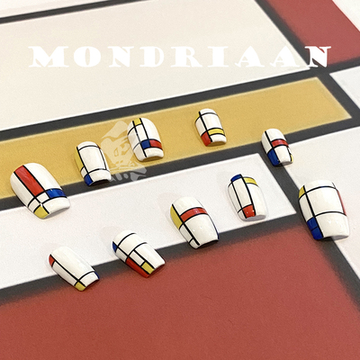 蒙德里安名画红色系穿戴甲2024年新款秋冬短款美甲成品简约高级感