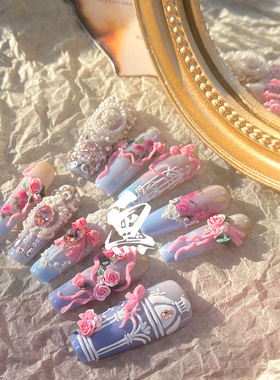 复刻高级感穿戴甲玫瑰花海盐甜心立体雕花纯手工美甲成品假指甲