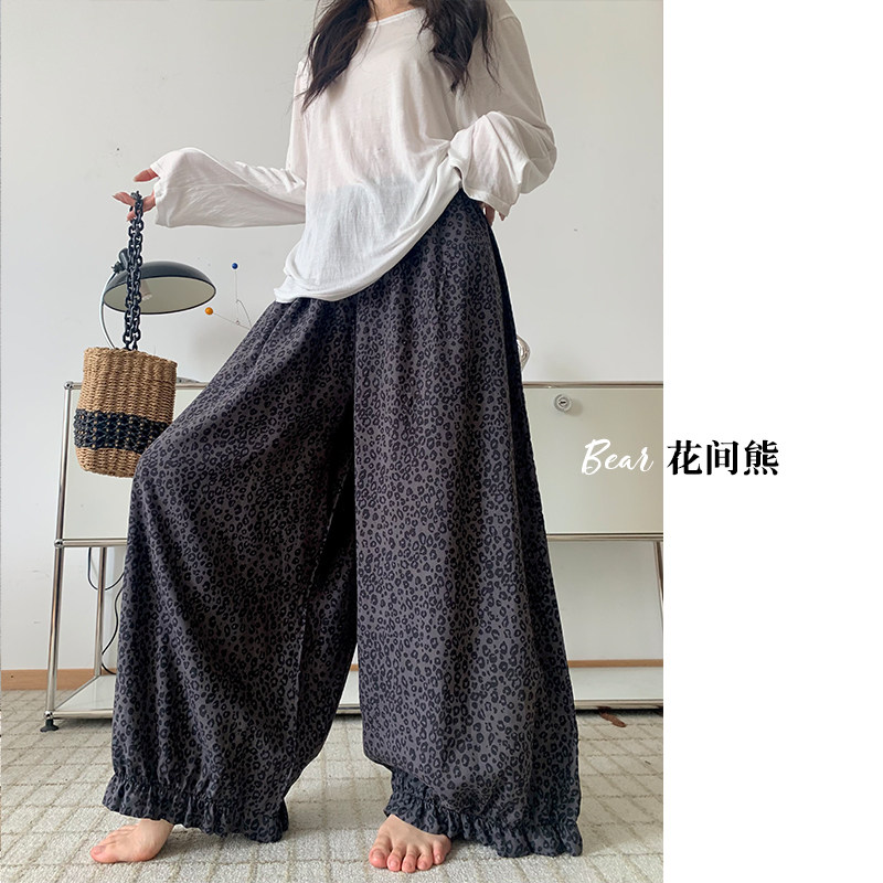 夏季新款时尚洋气豹纹棉绸花苞裤显瘦百搭家居裤女宽松凉快可外穿