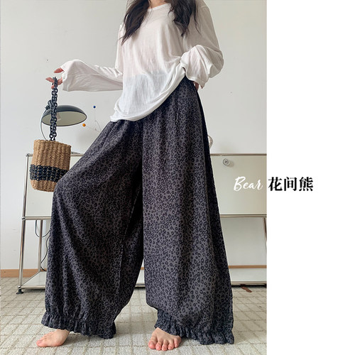 时尚洋气豹纹棉绸花苞裤遛弯裤