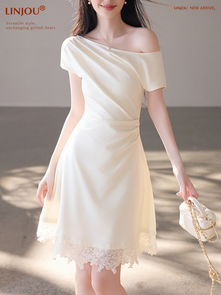Cream off-shoulder lace-trim dress worn by a model